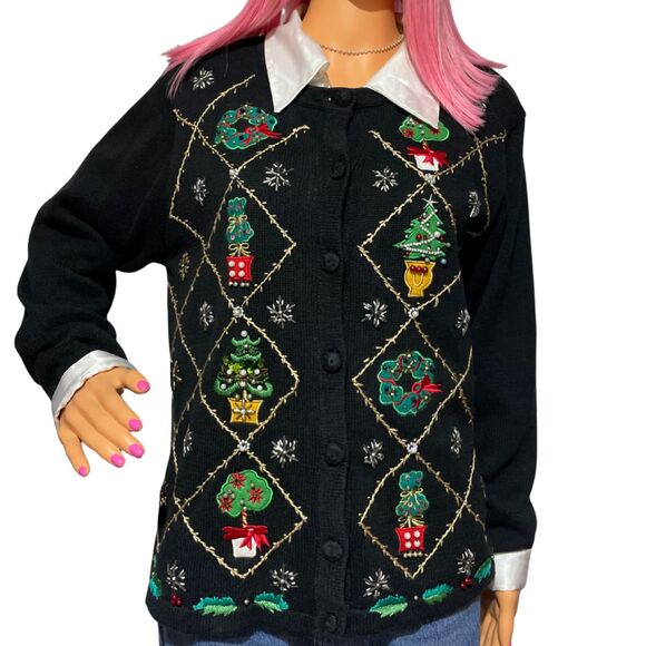 OHI Vintage Black Christmas Holiday Knit Cardigan Sweater Embroidered Beaded - Picture 6 of 13
